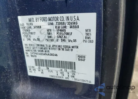 2004 Ford F-150 Fx4/Lariat/Xl/Xlt z USA, uszkodzony, nr VIN 1FTPX14534NA58246